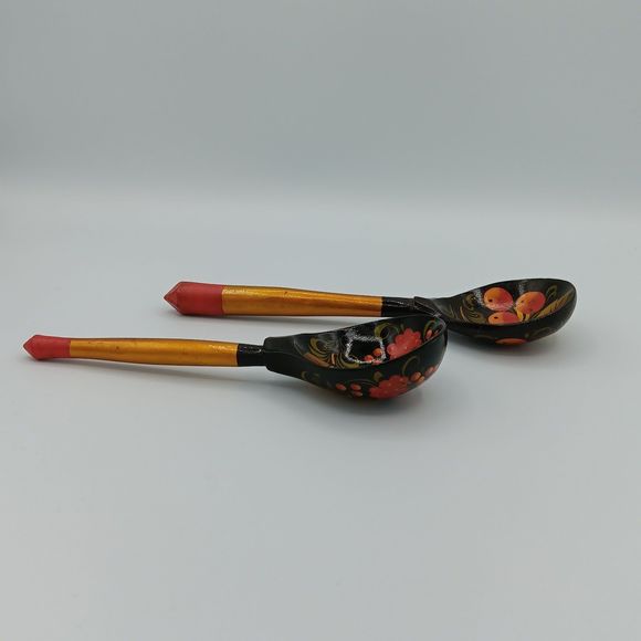 Vintage Khokhloma Russian Wooden Lacquer Hand Painted Spoons - Picture 5 of 7